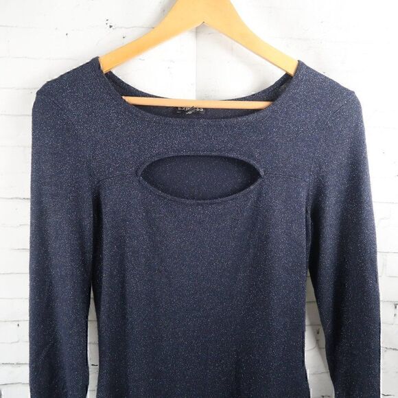 EXPRESS DARK BLUE CUT OUT  SPARKLY STRETCH LONG SLEEVE MIDI DRESS SIZE SMALL - Picture 4 of 8